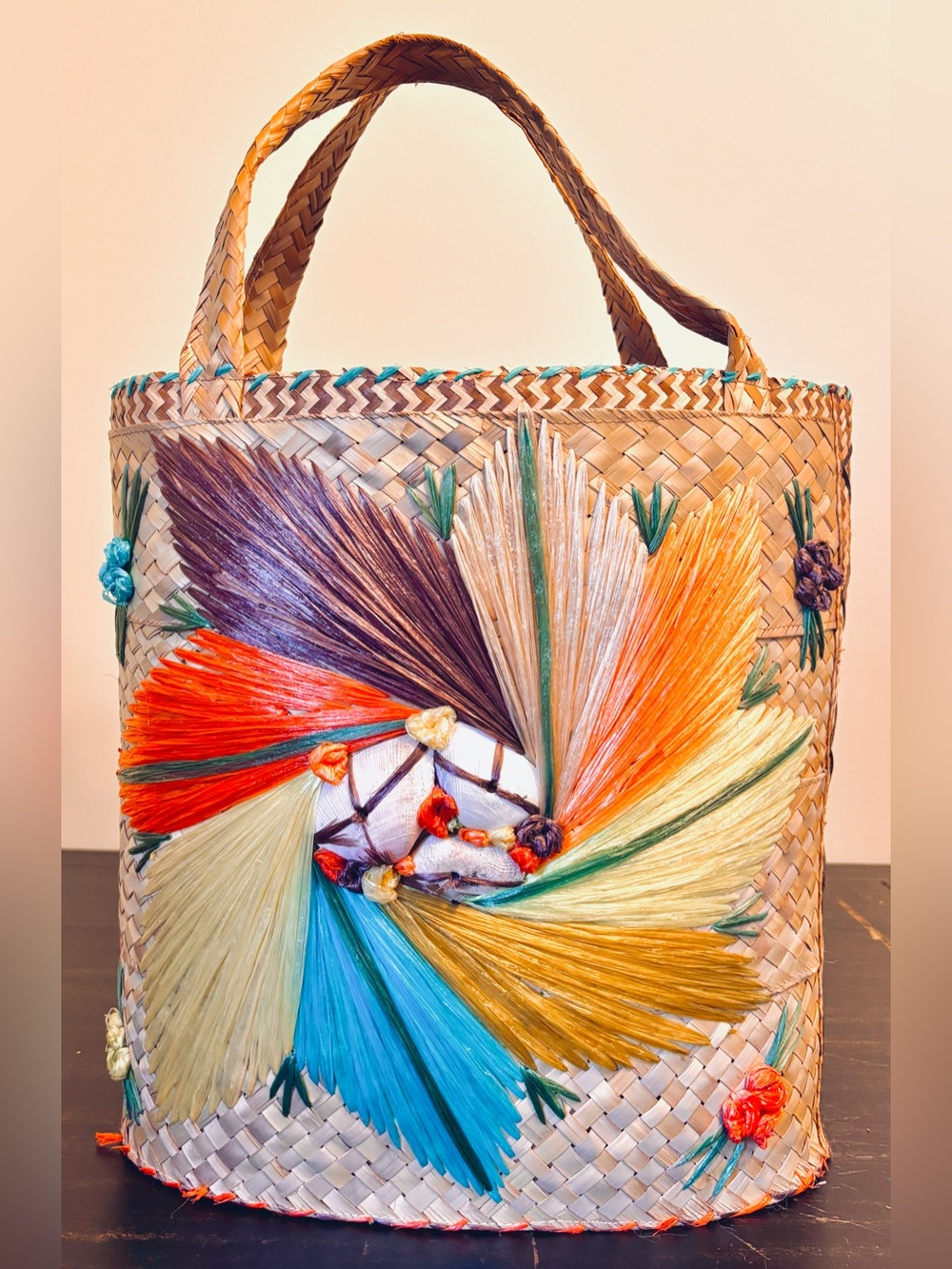 Vintage 70s Bahamas Woven Straw Tote 3D Raffia Floral & Shells Boho Beach Bag